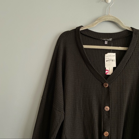 Curvy Sense Black Top Waffle Knit Button Down Tie Waist Long Sleeves Size 3X NEW - Picture 5 of 10